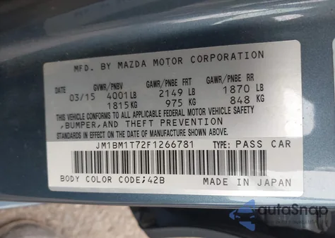 2015 Mazda 3 Sv from USA, damaged, VIN JM1BM1T72F1266781